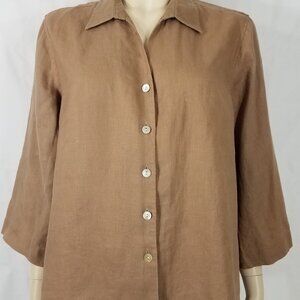 Orvis tan light brown 100% Linen button front shirt blouse ladies Large 14-16